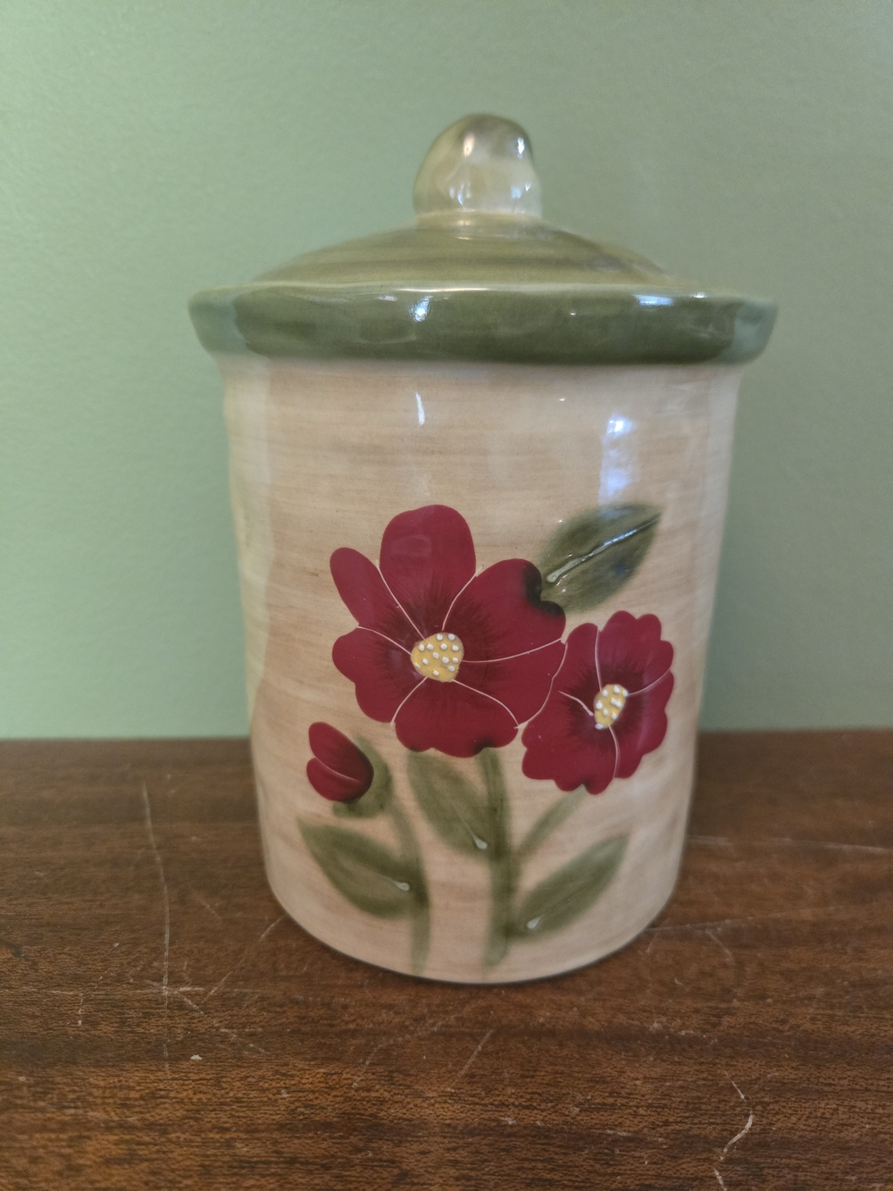 Ambience Fleur Rustique Red Poppy Recollections Cream Ceramic Jar with Green Lid